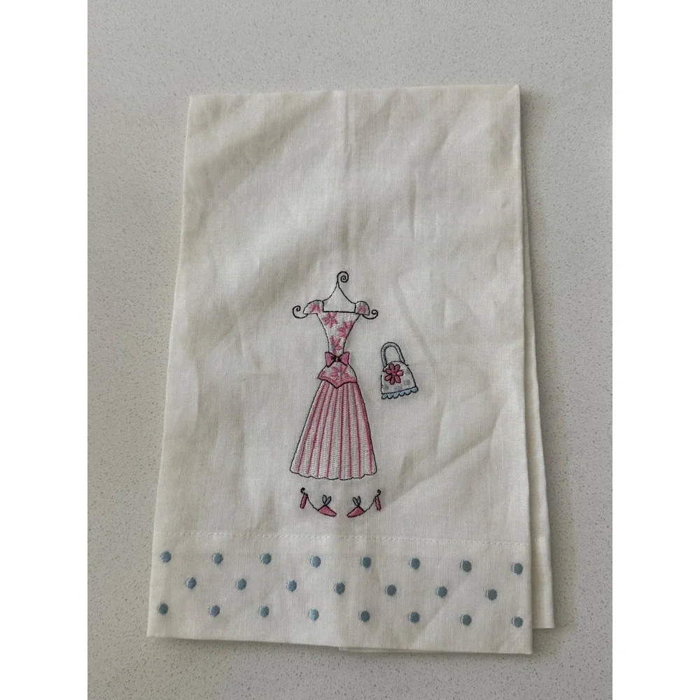 Vintage Style Embroidered Dress Tea Towels Set of 2 Pink Blue Polka Dot Linen